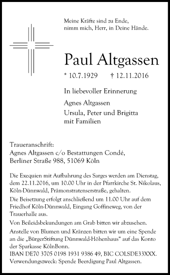 Anzeige von Paul Altgassen von Kölner Stadt-Anzeiger / Kölnische Rundschau / Express
