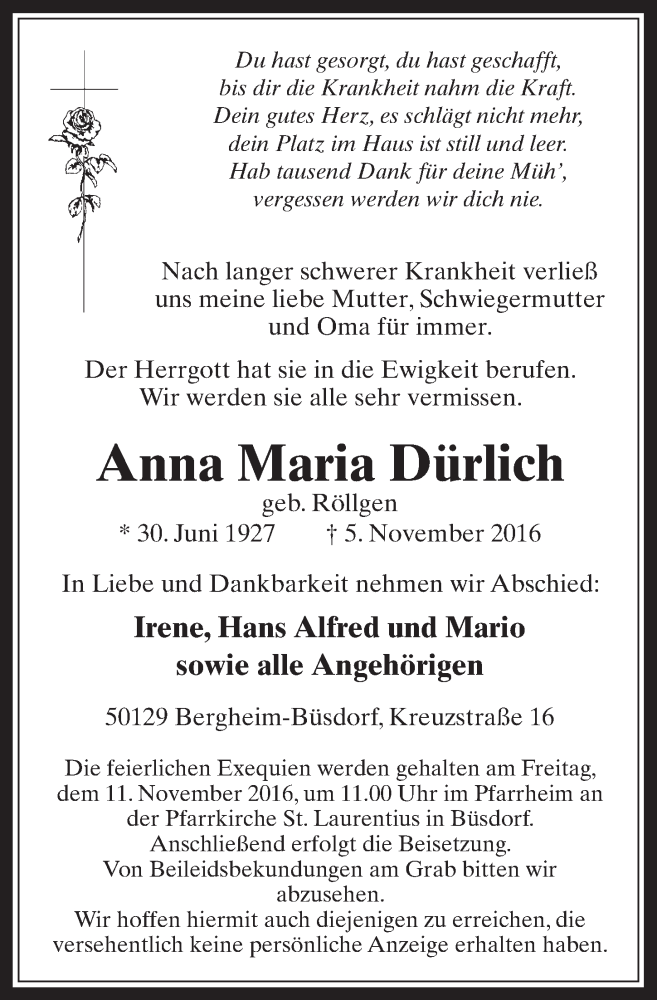  Traueranzeige für Anna Maria Dürlich vom 09.11.2016 aus  Werbepost 