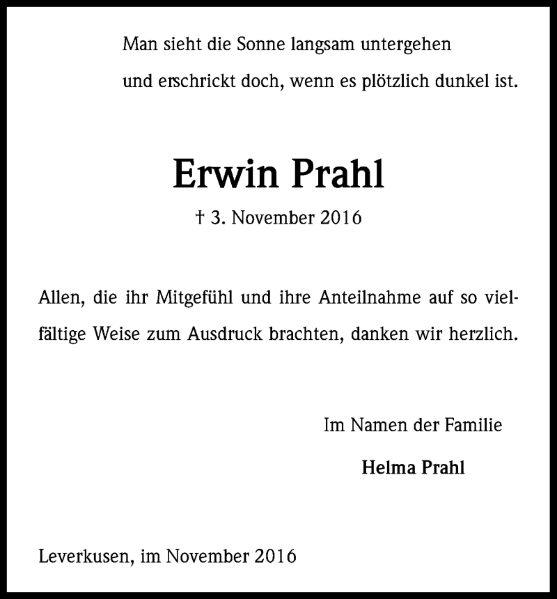  Traueranzeige für Erwin Prahl vom 30.11.2016 aus Kölner Stadt-Anzeiger / Kölnische Rundschau / Express