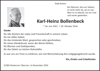 Anzeige von Karl-Heinz Bollenbeck von  Schlossbote/Werbekurier 