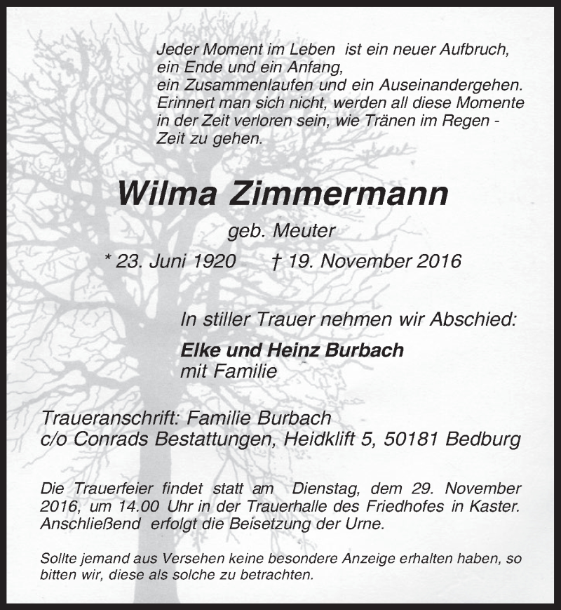  Traueranzeige für Wilma Zimmermann vom 23.11.2016 aus  Werbepost 