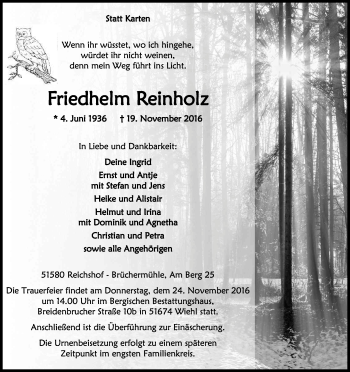 Anzeige von Friedhelm Reinholz von Kölner Stadt-Anzeiger / Kölnische Rundschau / Express