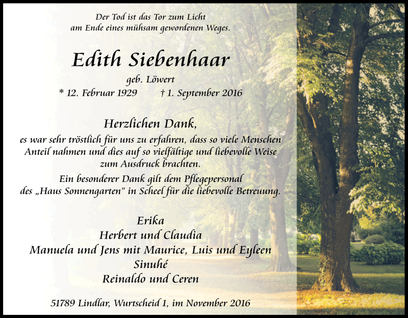  Traueranzeige für Edith Siebenhaar vom 12.11.2016 aus Kölner Stadt-Anzeiger / Kölnische Rundschau / Express