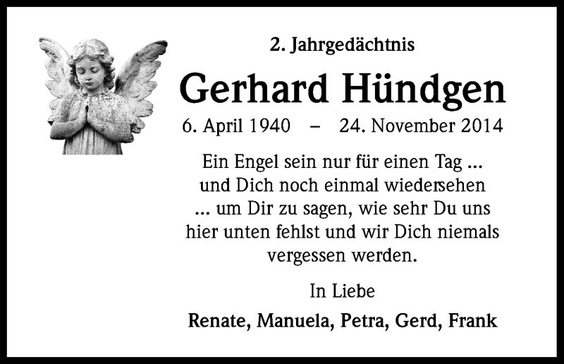  Traueranzeige für Gerhard Hündgen vom 24.11.2016 aus Kölner Stadt-Anzeiger / Kölnische Rundschau / Express