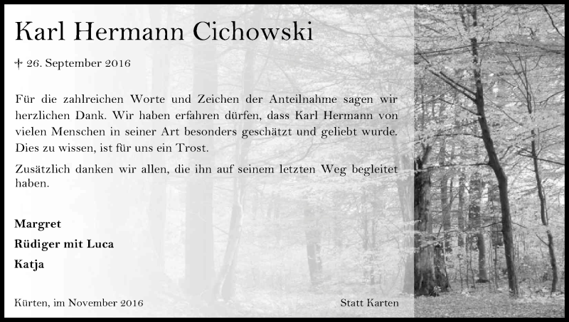  Traueranzeige für Karl Hermann Cichowski vom 12.11.2016 aus Kölner Stadt-Anzeiger / Kölnische Rundschau / Express