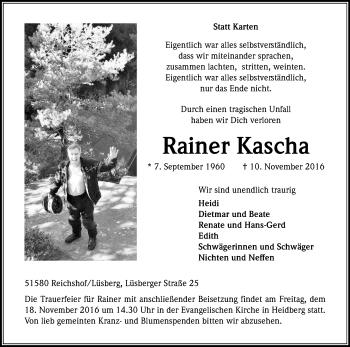 Anzeige von Rainer Kascha von Kölner Stadt-Anzeiger / Kölnische Rundschau / Express