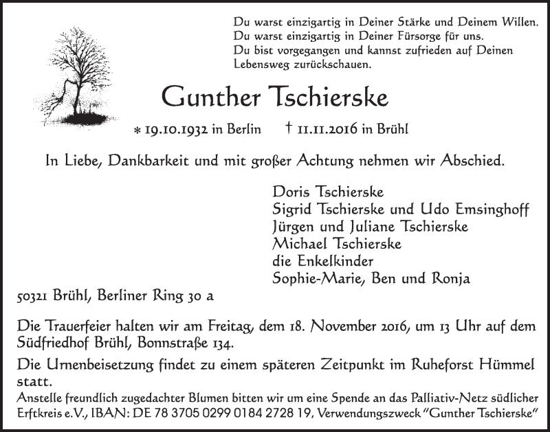  Traueranzeige für Gunther Tschierske vom 16.11.2016 aus  Schlossbote/Werbekurier 