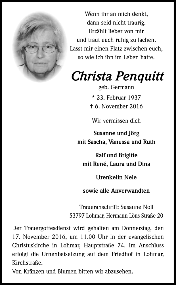  Traueranzeige für Christa Penquitt vom 12.11.2016 aus Kölner Stadt-Anzeiger / Kölnische Rundschau / Express