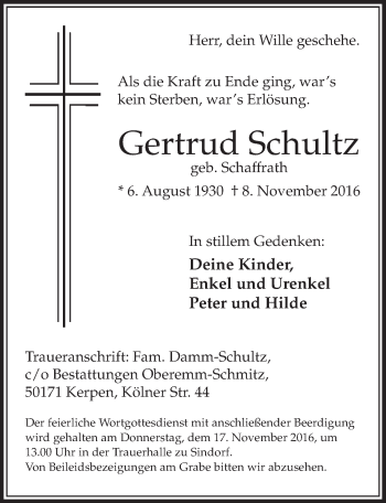 Anzeige von Gertrud Schultz von  Sonntags-Post 