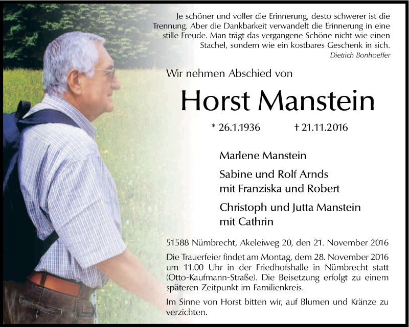  Traueranzeige für Horst Manstein vom 24.11.2016 aus Kölner Stadt-Anzeiger / Kölnische Rundschau / Express