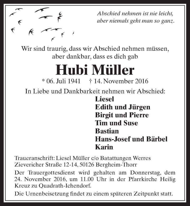  Traueranzeige für Hubi Müller vom 23.11.2016 aus  Werbepost 