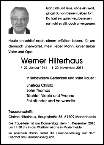 Anzeige von Werner Hilterhaus von Kölner Stadt-Anzeiger / Kölnische Rundschau / Express
