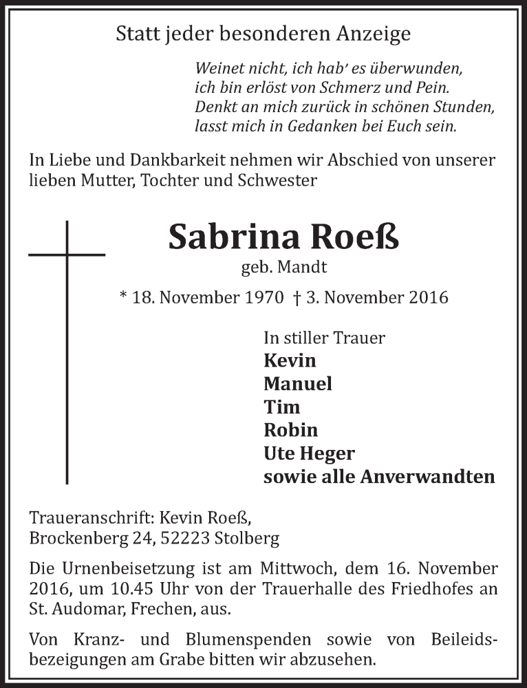  Traueranzeige für Sabrina Roeß vom 12.11.2016 aus  Sonntags-Post 