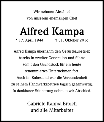 Anzeige von Alfred Kampa von Kölner Stadt-Anzeiger / Kölnische Rundschau / Express
