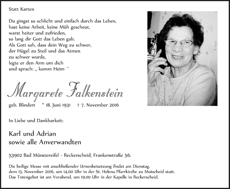  Traueranzeige für Margarete Falkenstein vom 12.11.2016 aus  Blickpunkt Euskirchen 
