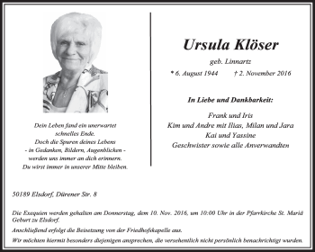 Anzeige von Ursula Klöser von  Sonntags-Post 