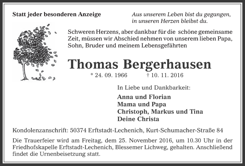  Traueranzeige für Thomas Bergerhausen vom 16.11.2016 aus  Werbepost 