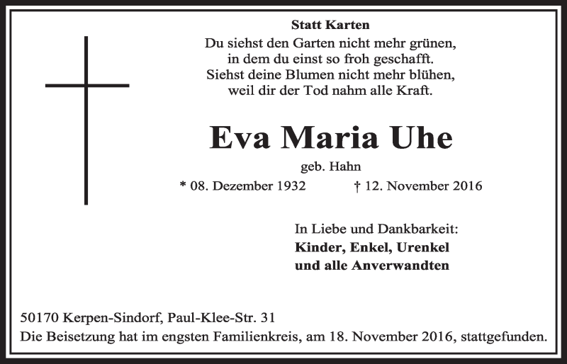  Traueranzeige für Eva Maria Uhe vom 19.11.2016 aus  Sonntags-Post 