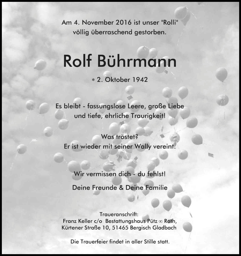  Traueranzeige für Rolf Bührmann vom 19.11.2016 aus Kölner Stadt-Anzeiger / Kölnische Rundschau / Express