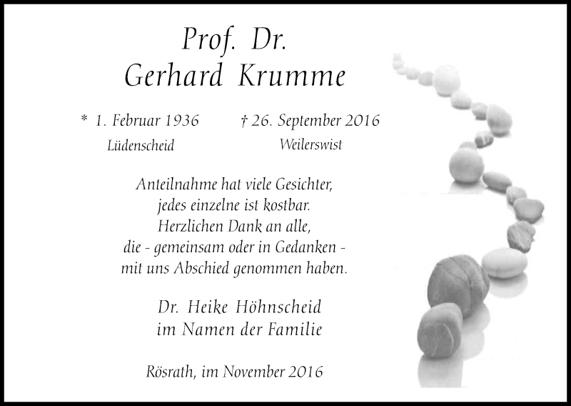  Traueranzeige für Gerhard Krumme vom 05.11.2016 aus Kölner Stadt-Anzeiger / Kölnische Rundschau / Express