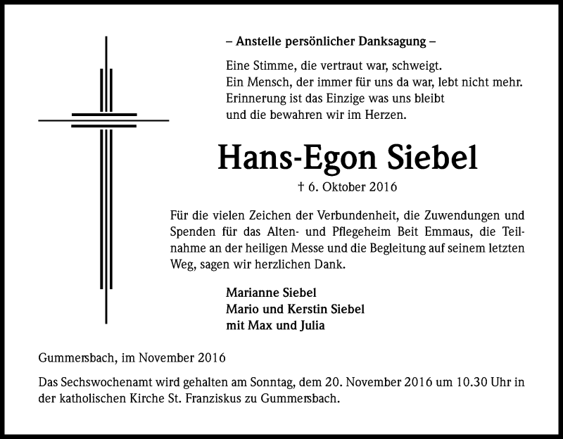  Traueranzeige für Hans-Egon Siebel vom 12.11.2016 aus Kölner Stadt-Anzeiger / Kölnische Rundschau / Express