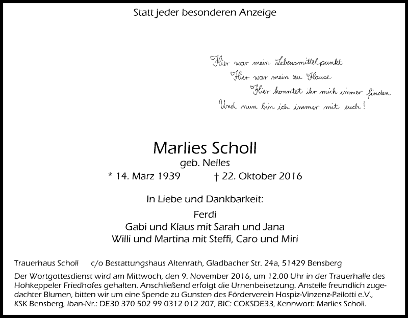  Traueranzeige für Marlies  Scholl vom 03.11.2016 aus Kölner Stadt-Anzeiger / Kölnische Rundschau / Express