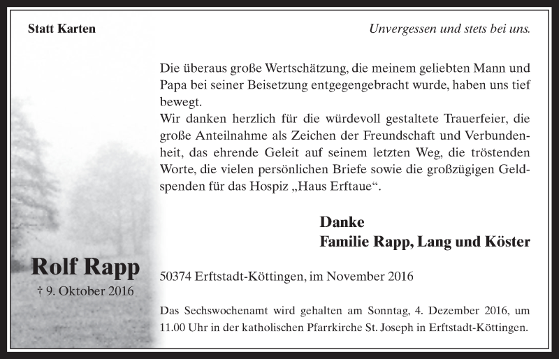  Traueranzeige für Rolf Rapp vom 30.11.2016 aus  Werbepost 