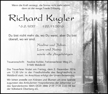 Anzeige von Richard Kugler von  Lokalanzeiger 