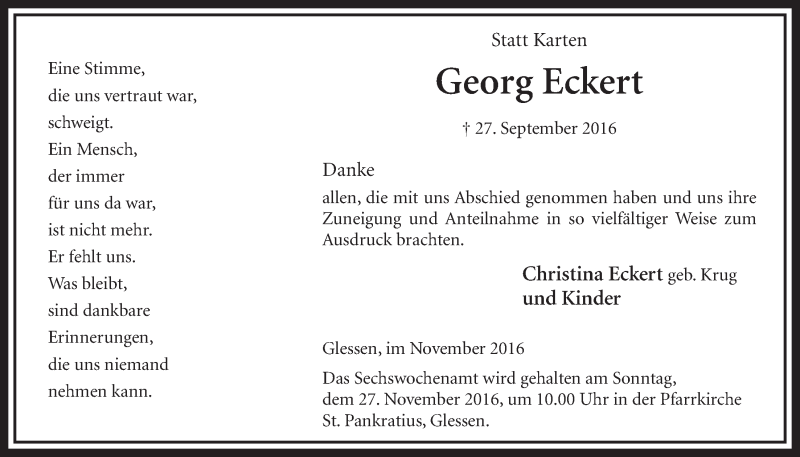  Traueranzeige für Georg Eckert vom 19.11.2016 aus  Sonntags-Post 
