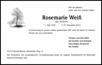 Anzeige von Rosemarie Weiß von Kölner Stadt-Anzeiger / Kölnische Rundschau / Express