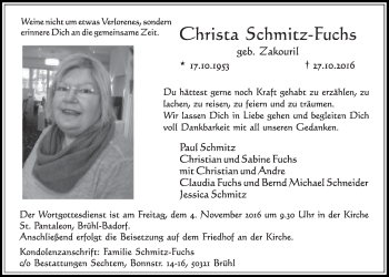 Anzeige von Christa Schmitz-Fuchs von  Kölner Wochenspiegel  Schlossbote/Werbekurier 