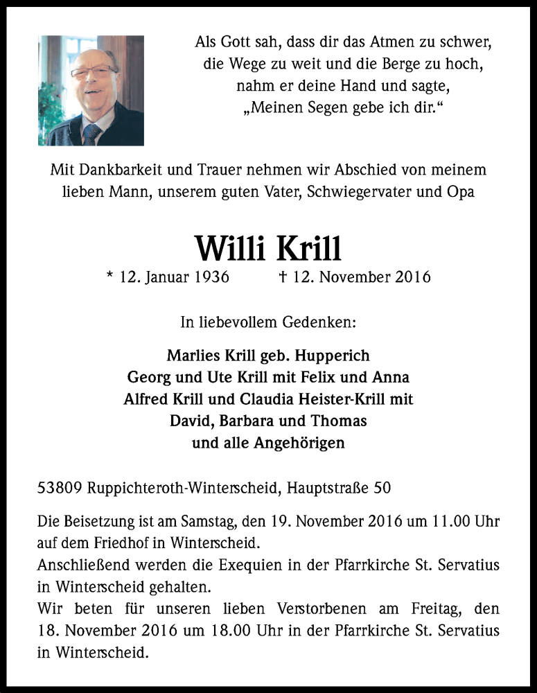  Traueranzeige für Willi Krill vom 15.11.2016 aus Kölner Stadt-Anzeiger / Kölnische Rundschau / Express