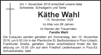 Anzeige von Käthe Wahl von  Kölner Wochenspiegel 