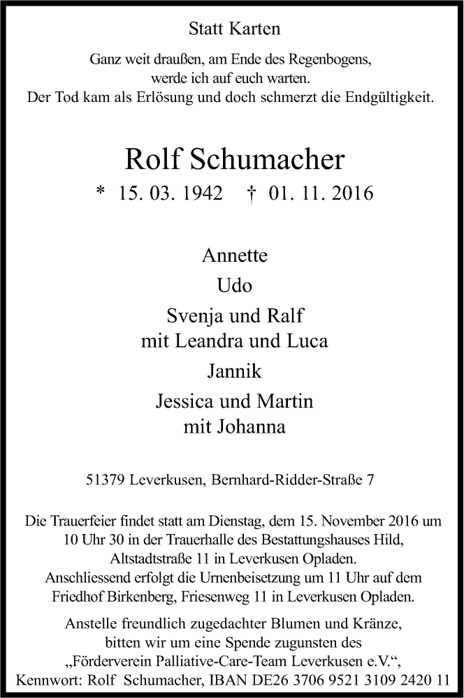  Traueranzeige für Rolf Schumacher vom 05.11.2016 aus Kölner Stadt-Anzeiger / Kölnische Rundschau / Express