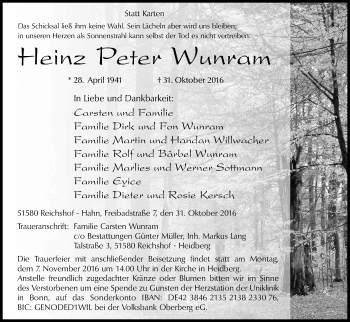 Anzeige von Heinz Peter Wunram von Kölner Stadt-Anzeiger / Kölnische Rundschau / Express