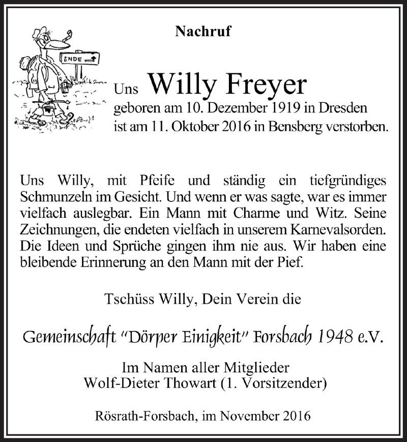  Traueranzeige für Willy Freyer vom 02.11.2016 aus  Bergisches Handelsblatt 