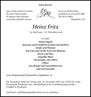 Anzeige von Heinz Fritz von Kölner Stadt-Anzeiger / Kölnische Rundschau / Express