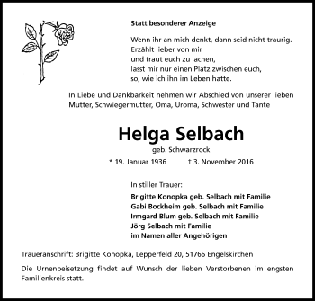 Anzeige von Helga Selbach von Kölner Stadt-Anzeiger / Kölnische Rundschau / Express
