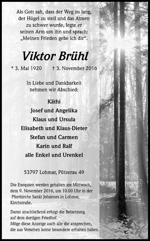  Traueranzeige für Viktor Brühl vom 05.11.2016 aus Kölner Stadt-Anzeiger / Kölnische Rundschau / Express