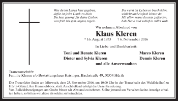 Anzeige von Klaus Kleren von  Wochenende 