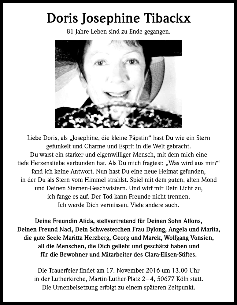  Traueranzeige für Doris Josephine Tibackx vom 10.11.2016 aus Kölner Stadt-Anzeiger / Kölnische Rundschau / Express