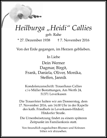 Anzeige von Heilburga  Callies von Kölner Stadt-Anzeiger / Kölnische Rundschau / Express
