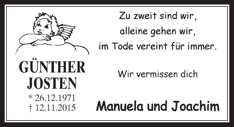  Traueranzeige für Günther Josten vom 09.11.2016 aus  Werbepost 