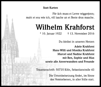 Anzeige von Wilhelm Krahforst von Kölner Stadt-Anzeiger / Kölnische Rundschau / Express