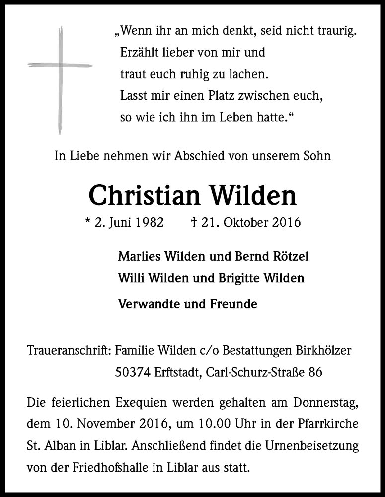 Traueranzeige für Christian Wilden vom 08.11.2016 aus Kölner Stadt-Anzeiger / Kölnische Rundschau / Express