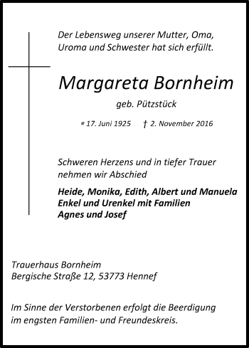 Anzeige von Margareta Bornheim von Kölner Stadt-Anzeiger / Kölnische Rundschau / Express