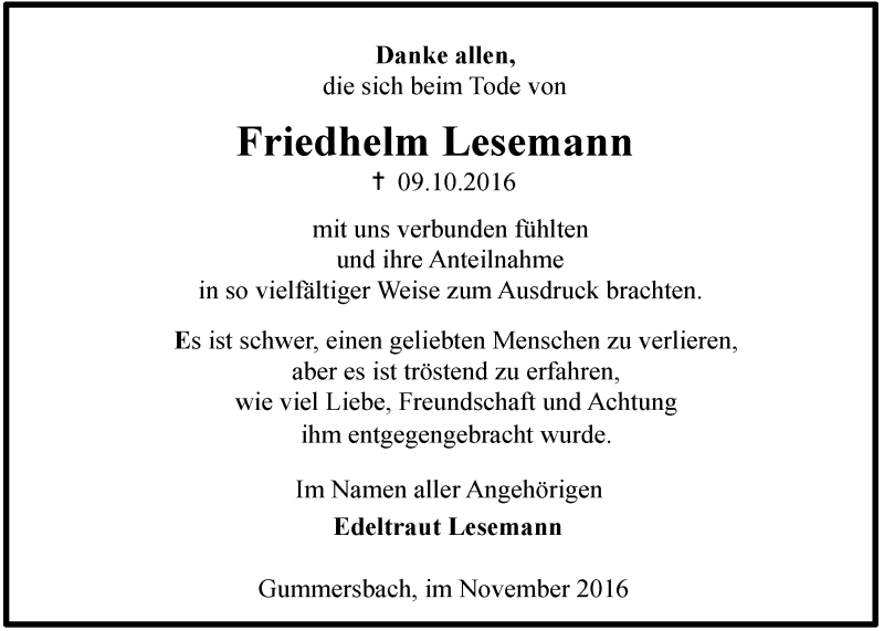  Traueranzeige für Friedhelm Lesemann vom 09.11.2016 aus  Anzeigen Echo 