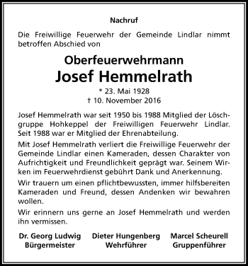 Anzeige von Josef Hemmelrath von Kölner Stadt-Anzeiger / Kölnische Rundschau / Express
