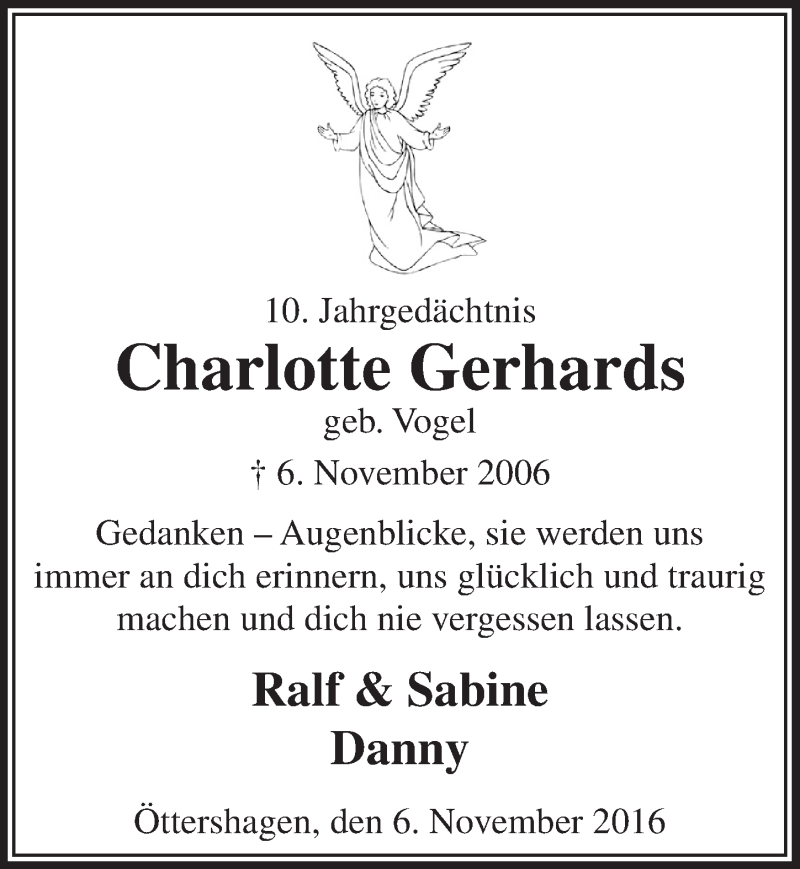  Traueranzeige für Charlotte Gerhards vom 09.11.2016 aus  Lokalanzeiger 