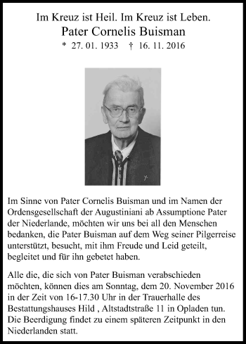 Anzeige von Cornelis Buismann von Kölner Stadt-Anzeiger / Kölnische Rundschau / Express